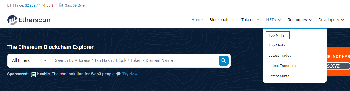 Select Top NFTs from the menu on Etherscan
